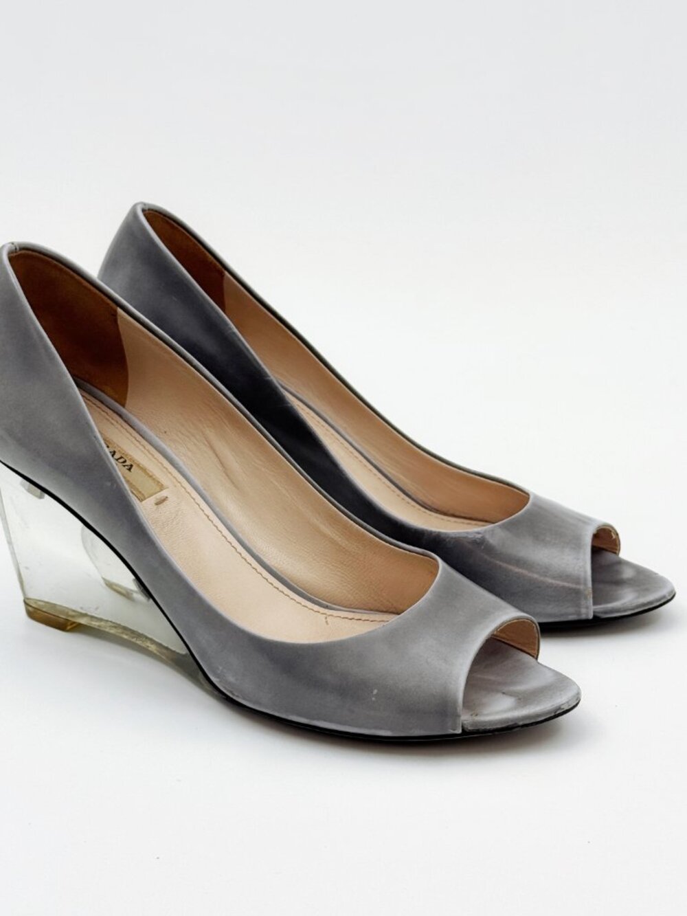 Prada Peep Toe Clear Lucite Wedge Pumps Heels - Picture 3 of 6